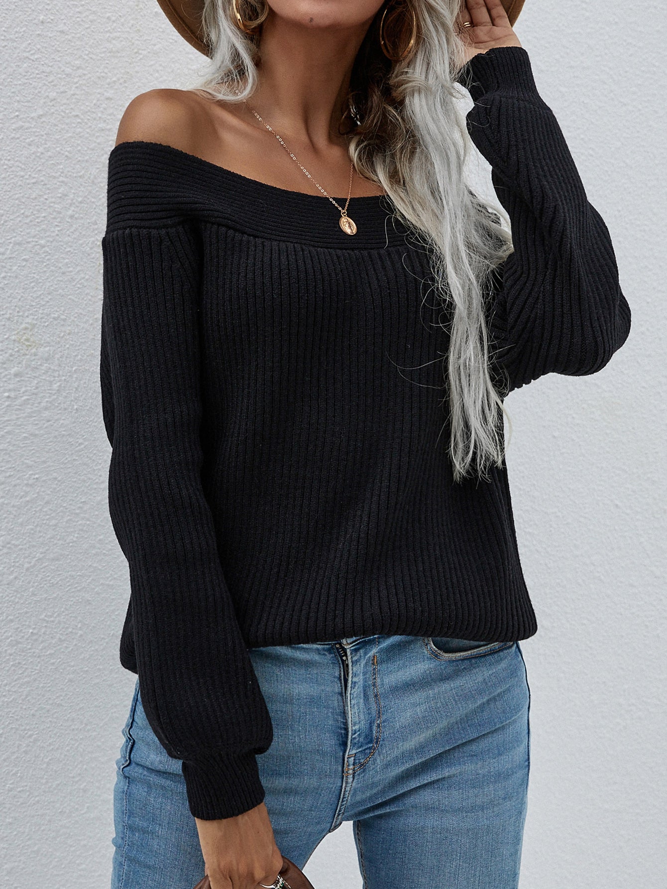 Black Bell-Sleeve Off-Shoulder Knit Sweater