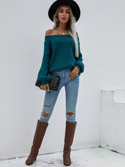 Green Bell-Sleeve Off-Shoulder Knit Sweater