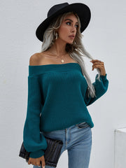 Green Bell-Sleeve Off-Shoulder Knit Sweater