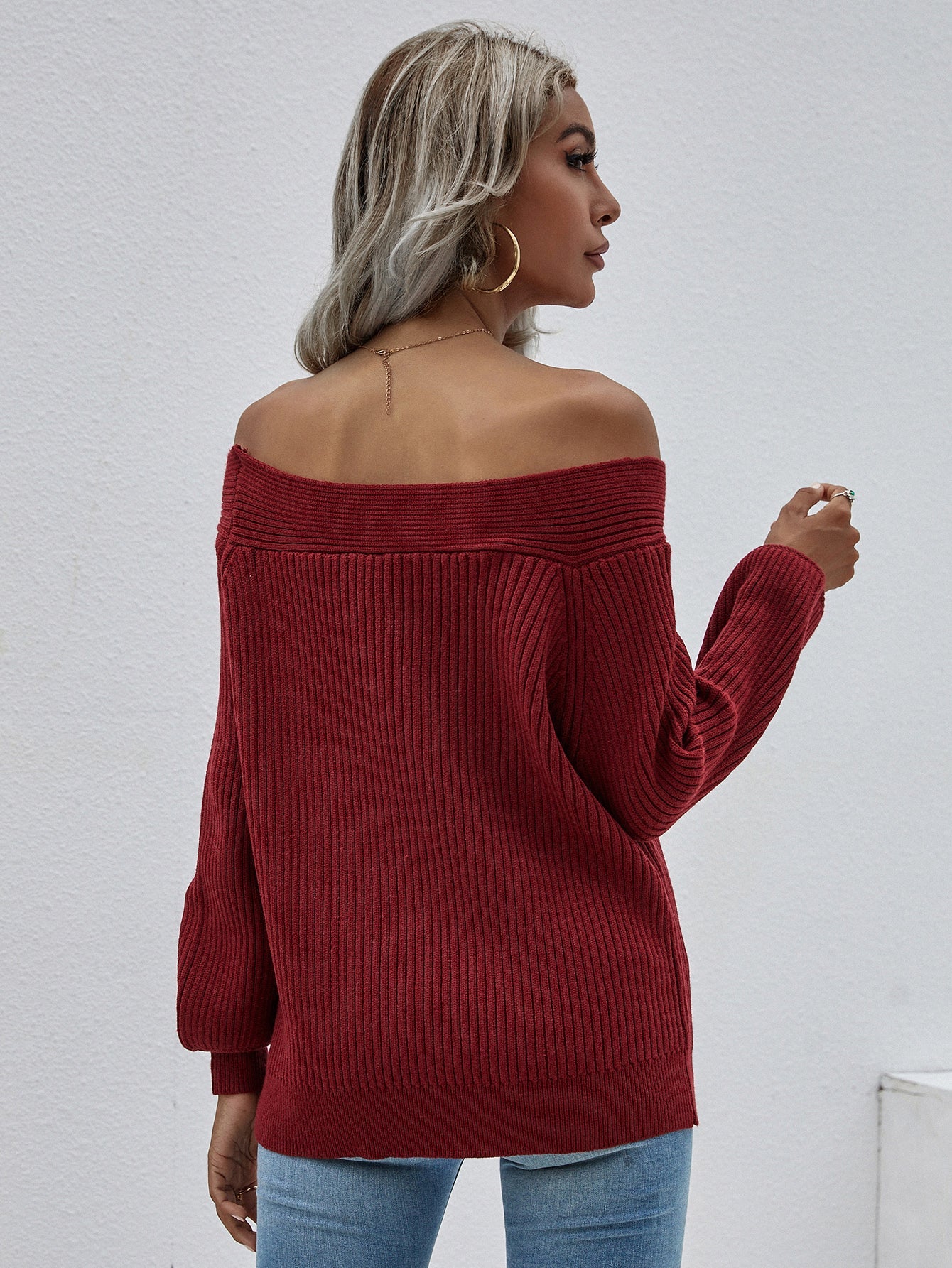 Maroon Bell-Sleeve Off-Shoulder Knit Sweater