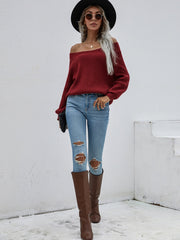Maroon Bell-Sleeve Off-Shoulder Knit Sweater