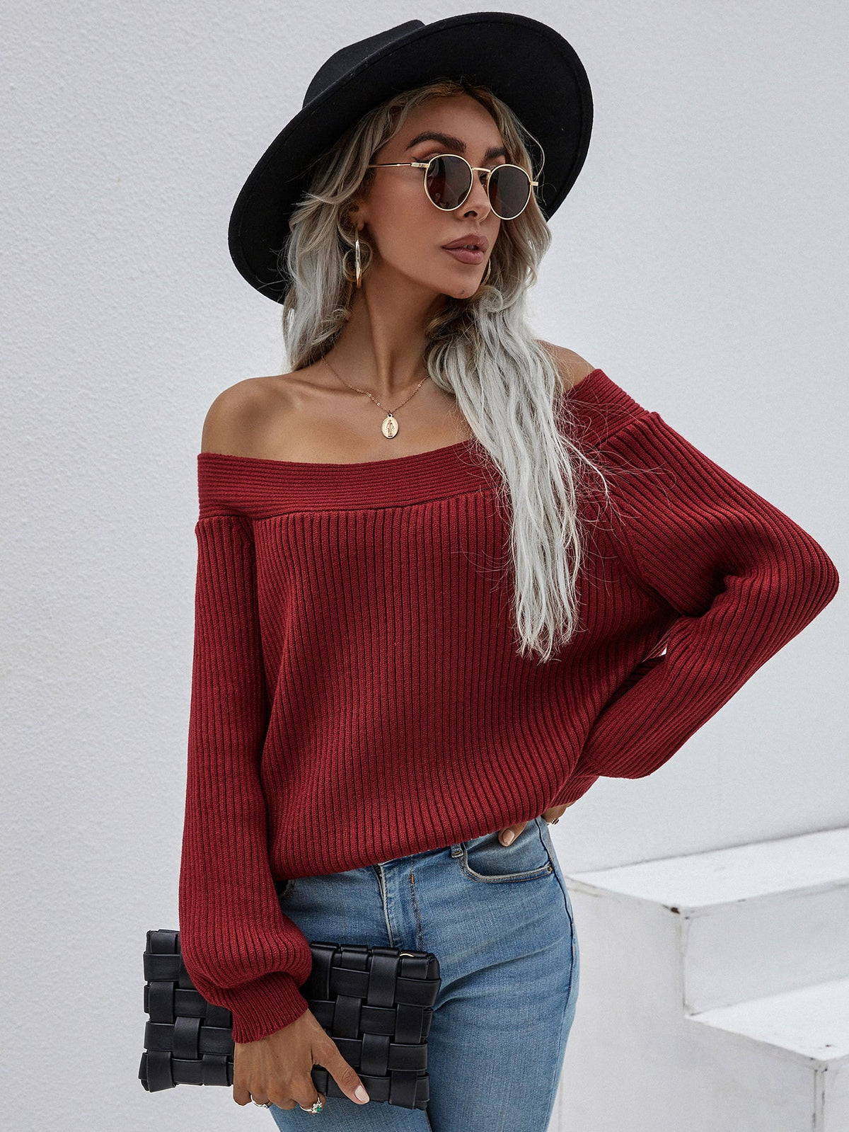 Maroon Bell-Sleeve Off-Shoulder Knit Sweater
