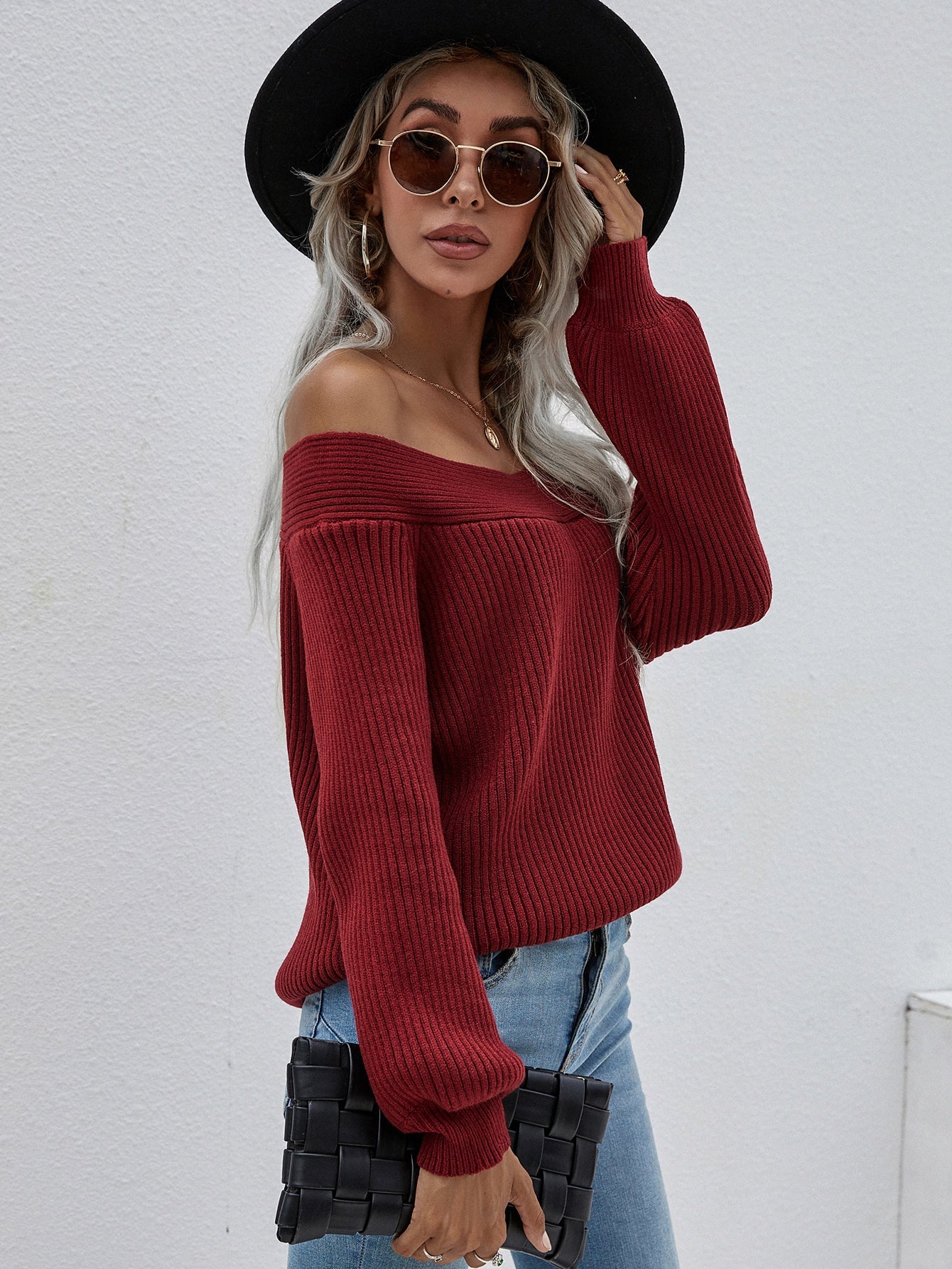 Maroon Bell-Sleeve Off-Shoulder Knit Sweater