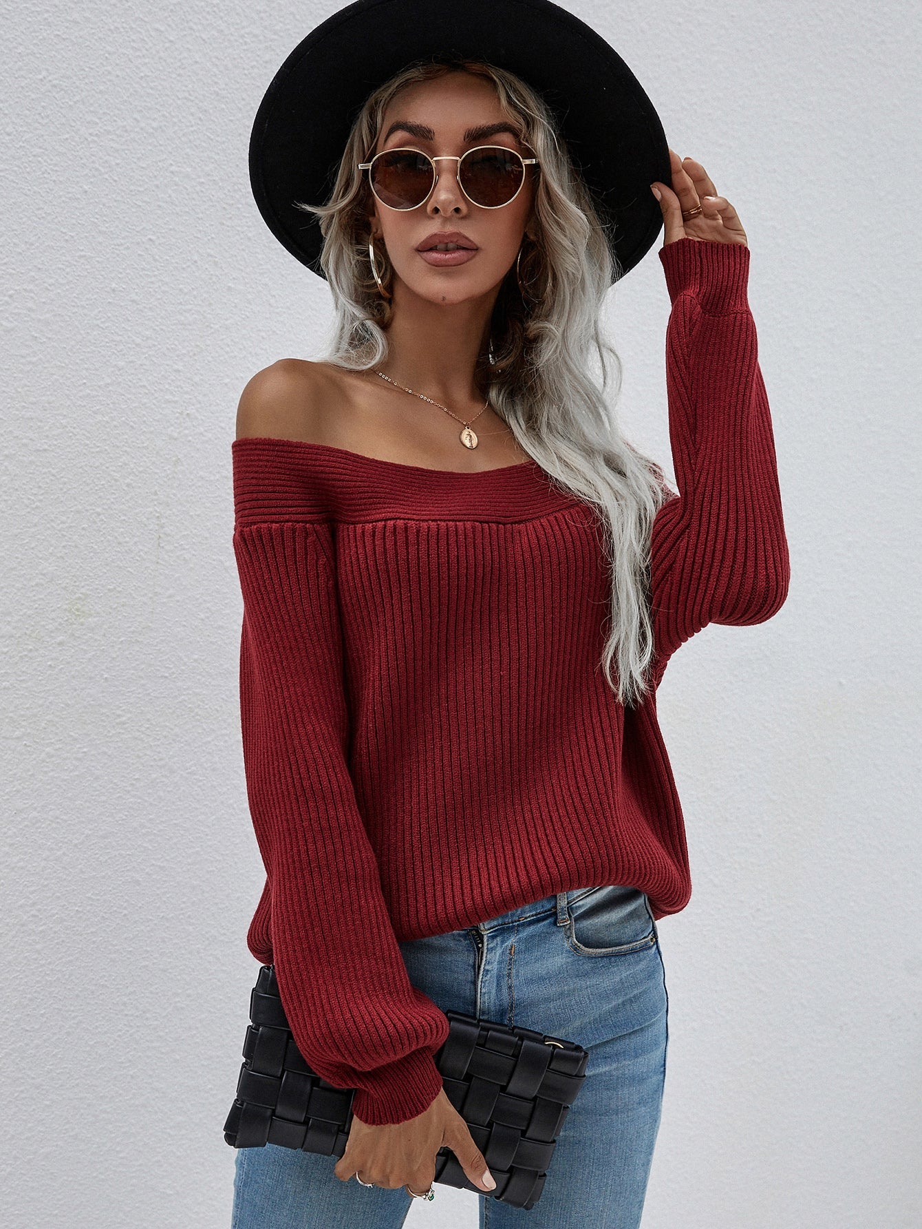 Maroon Bell-Sleeve Off-Shoulder Knit Sweater