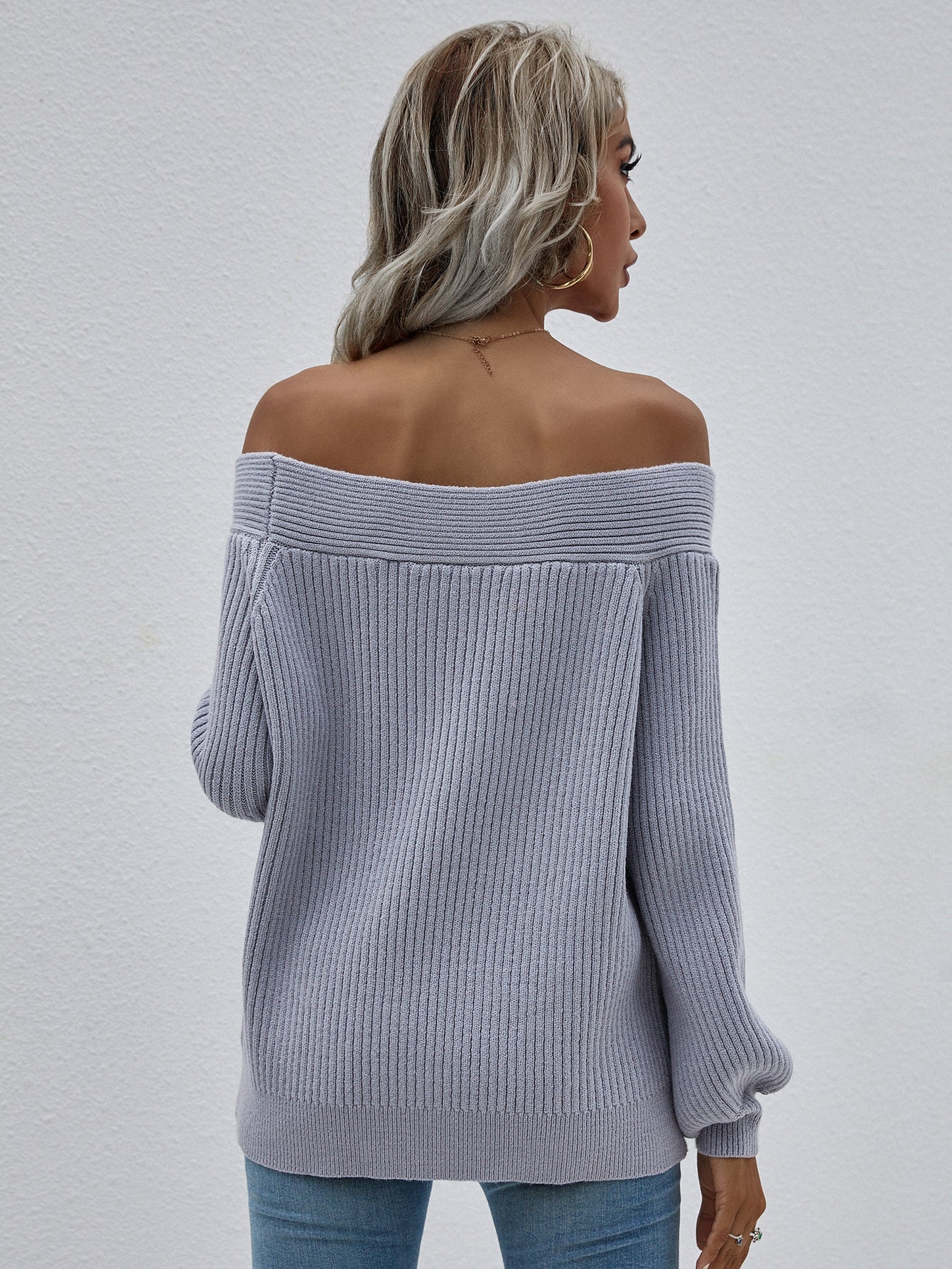 Grey Bell-Sleeve Off-Shoulder Knit Sweater