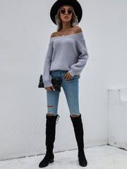 Grey Bell-Sleeve Off-Shoulder Knit Sweater
