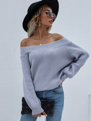 Grey Bell-Sleeve Off-Shoulder Knit Sweater