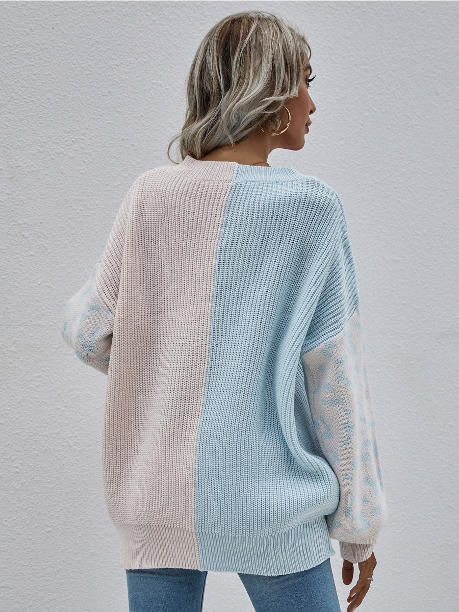 Color-Block Lantern Sleeve Sweater - Blue & Beige Leopard