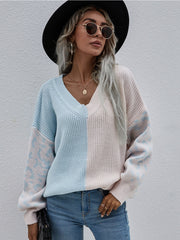 Color-Block Lantern Sleeve Sweater - Blue & Beige Leopard