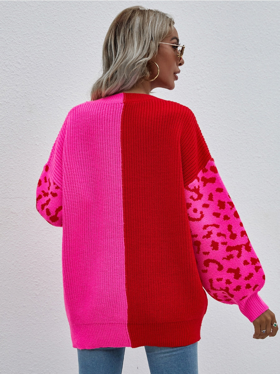 Color-Block Lantern Sleeve Sweater - Fuchisa Leopard