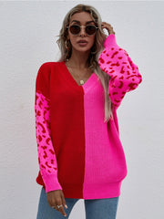 Color-Block Lantern Sleeve Sweater - Fuchisa Leopard