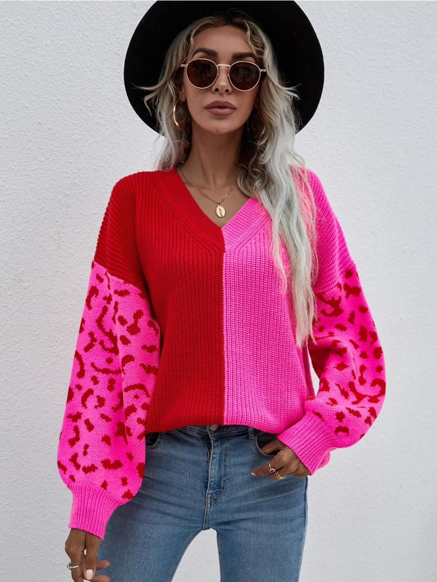 Color-Block Lantern Sleeve Sweater - Fuchisa Leopard