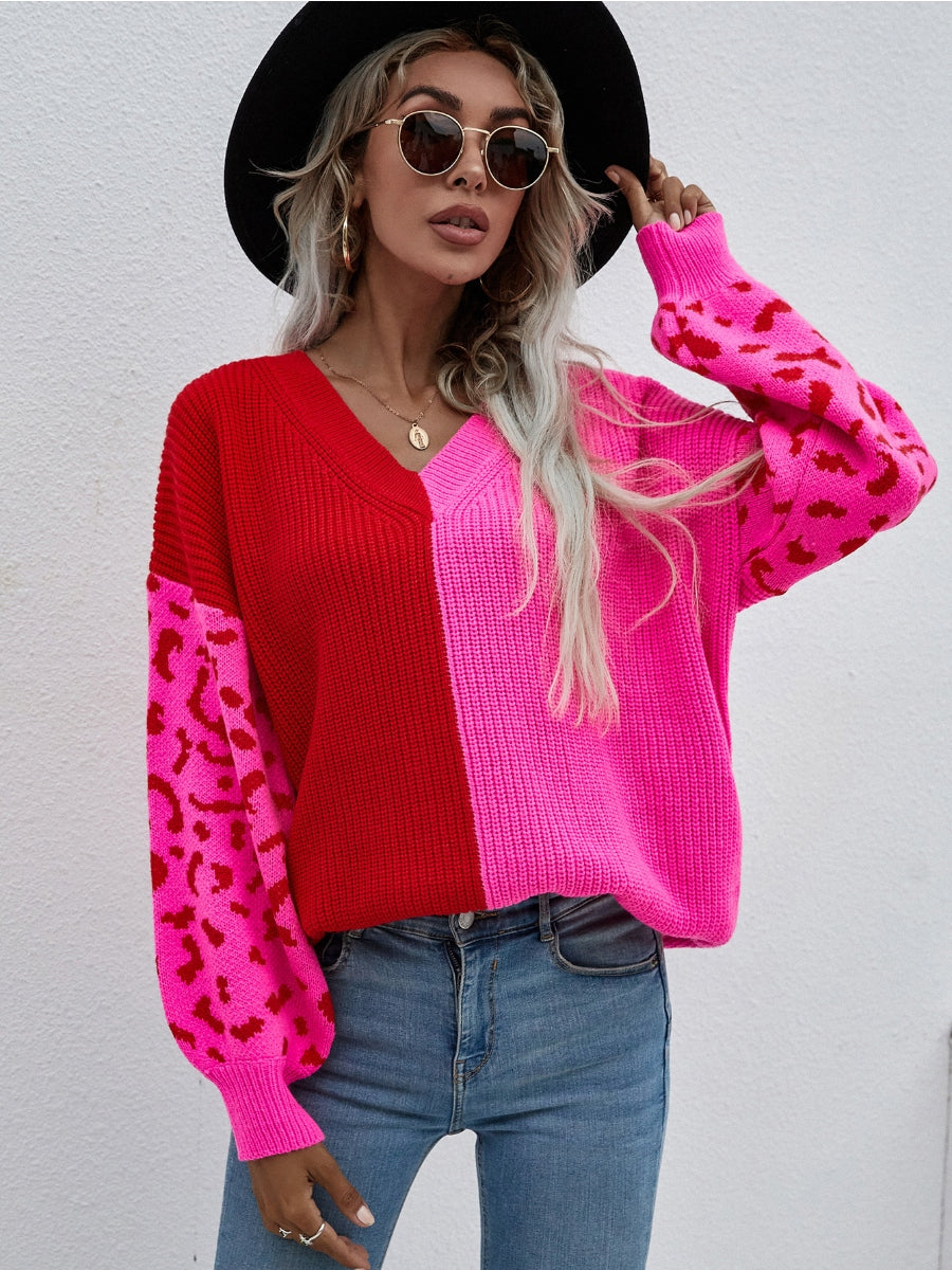 Color-Block Lantern Sleeve Sweater - Fuchisa Leopard