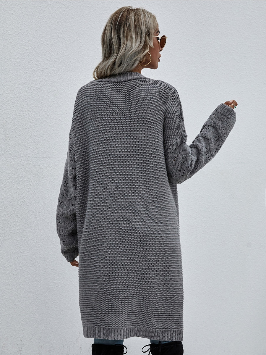 Braid Open Knit Long Cardigan - Grey
