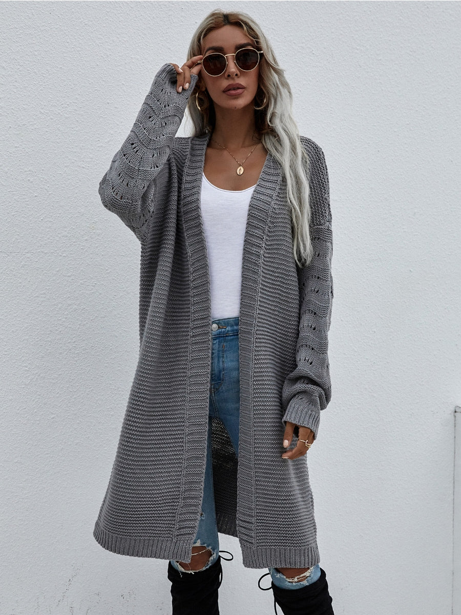 Braid Open Knit Long Cardigan - Grey