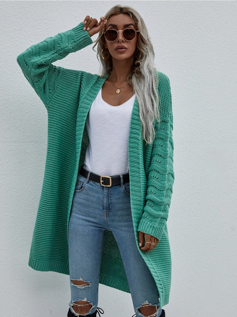 Braid Open Knit Long Cardigan - Green
