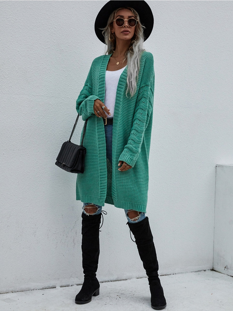 Braid Open Knit Long Cardigan - Green