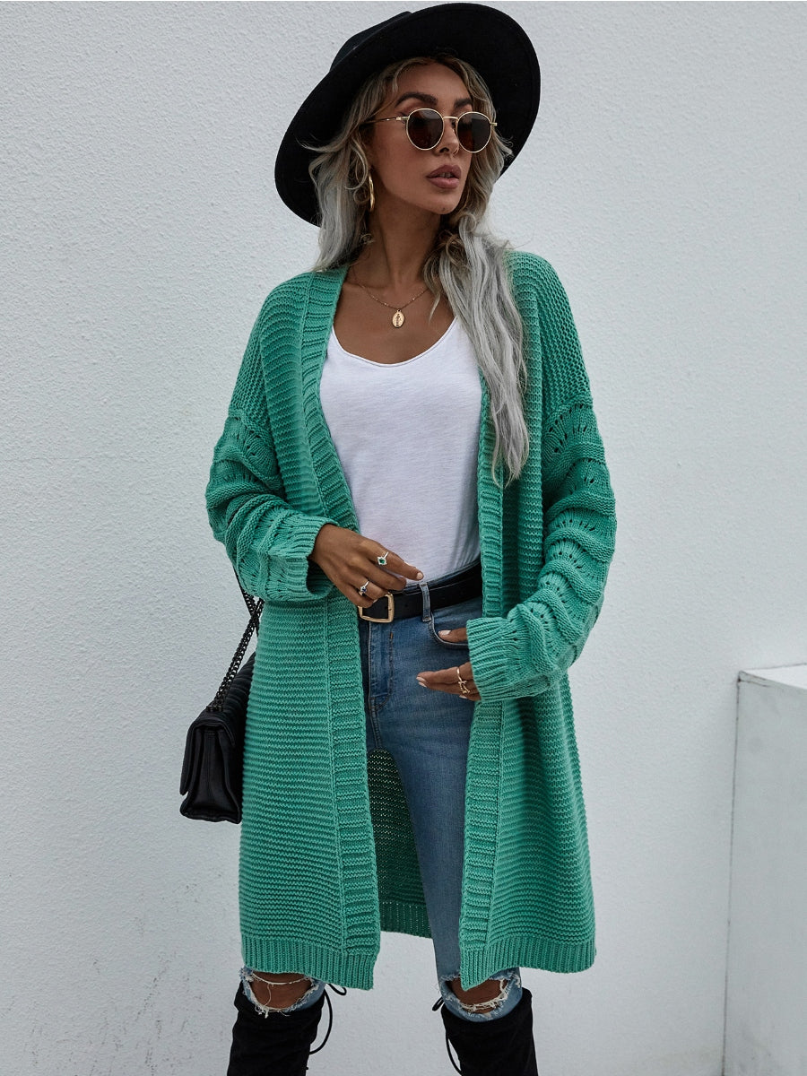 Braid Open Knit Long Cardigan - Green