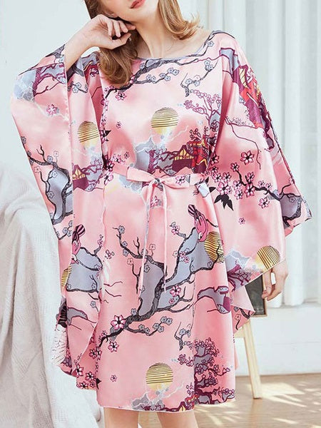 Jewel Neck Printed Long Sleeves Sleepwear Robe