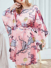 Jewel Neck Printed Long Sleeves Sleepwear Robe