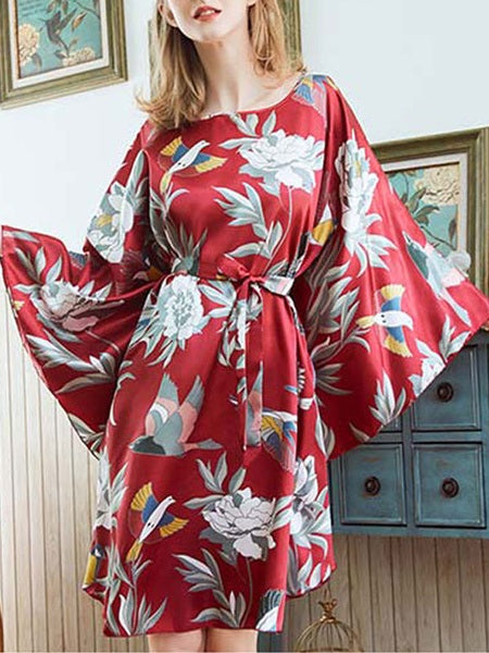 Jewel Neck Printed Long Sleeves Sleepwear Robe