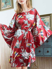 Jewel Neck Printed Long Sleeves Sleepwear Robe