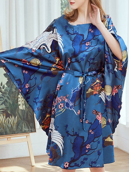 Jewel Neck Printed Long Sleeves Sleepwear Robe