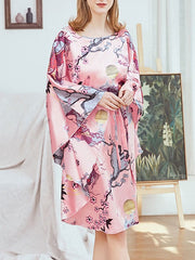 Jewel Neck Printed Long Sleeves Sleepwear Robe