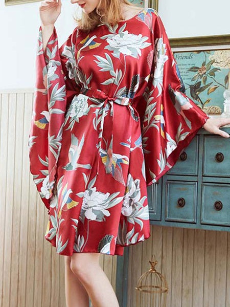 Jewel Neck Printed Long Sleeves Sleepwear Robe