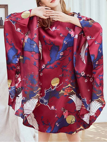 Jewel Neck Printed Long Sleeves Sleepwear Robe
