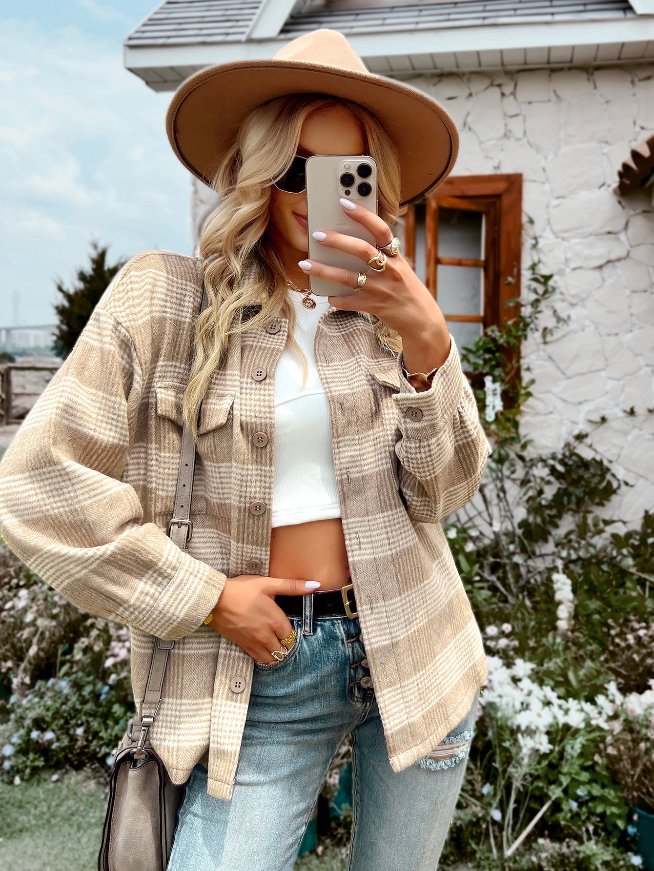 DISTRESSED PLAID SHACKET - KHAKI