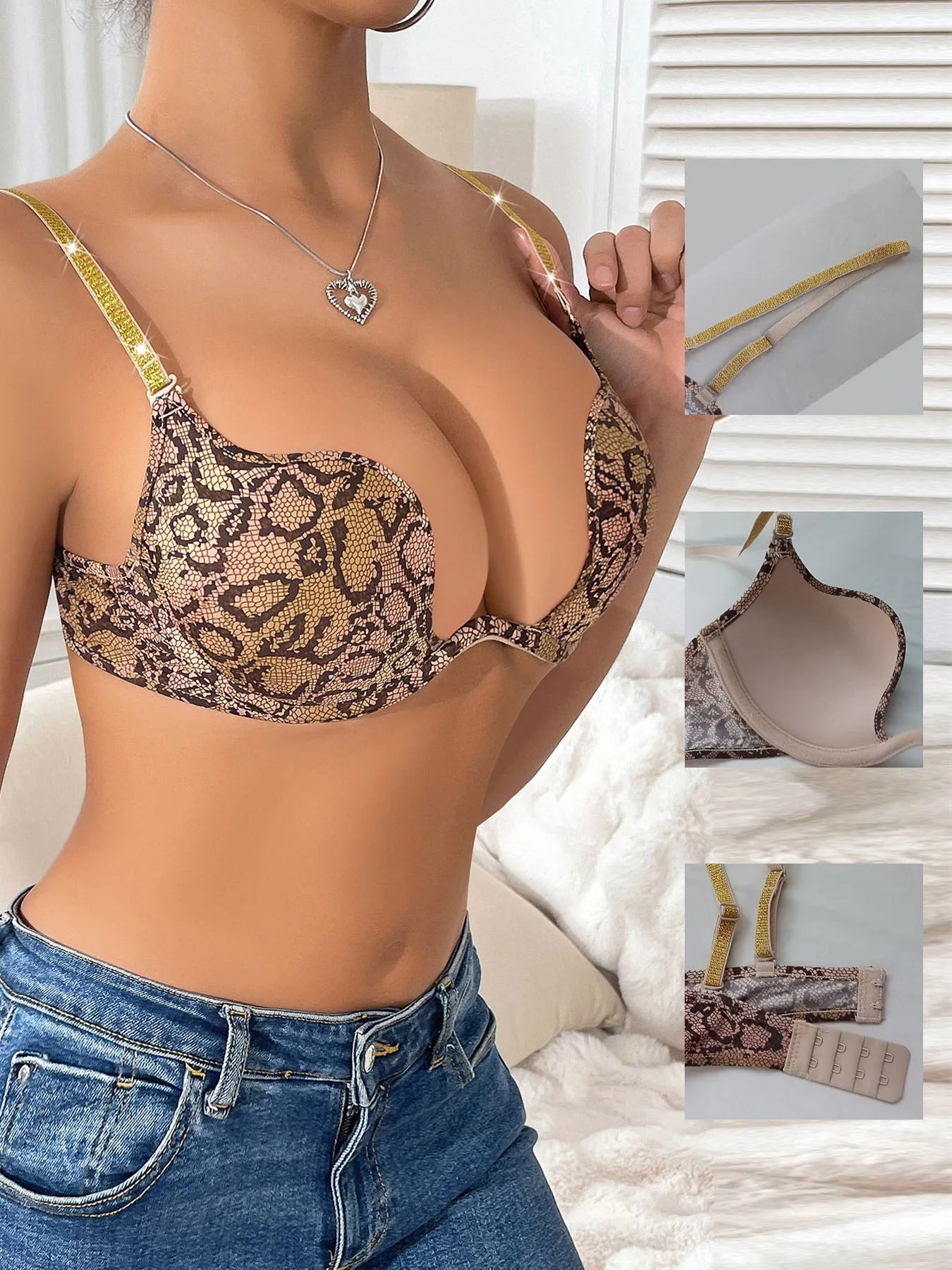 Knitting Push Up Brassiere Leopard Print Contrast Sequin Removable Padding Bra