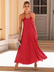 Eleanor Pleated Halter Maxi Dress - Red