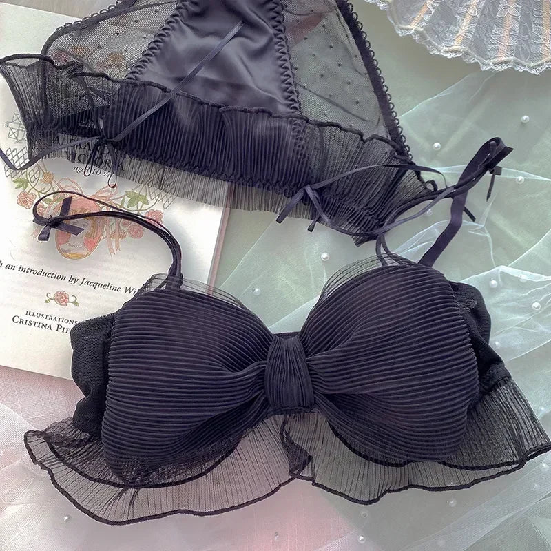 Lace Bow Underwear Sweet Wireless Lingerie Comfortable Bralette Push Up Bra Set