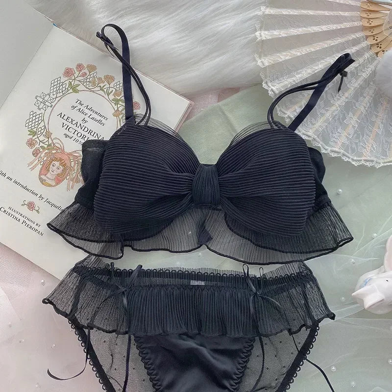 Lace Bow Underwear Sweet Wireless Lingerie Comfortable Bralette Push Up Bra Set
