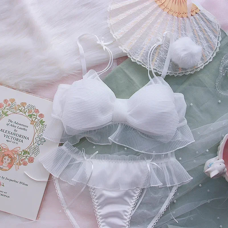 Lace Bow Underwear Sweet Wireless Lingerie Comfortable Bralette Push Up Bra Set