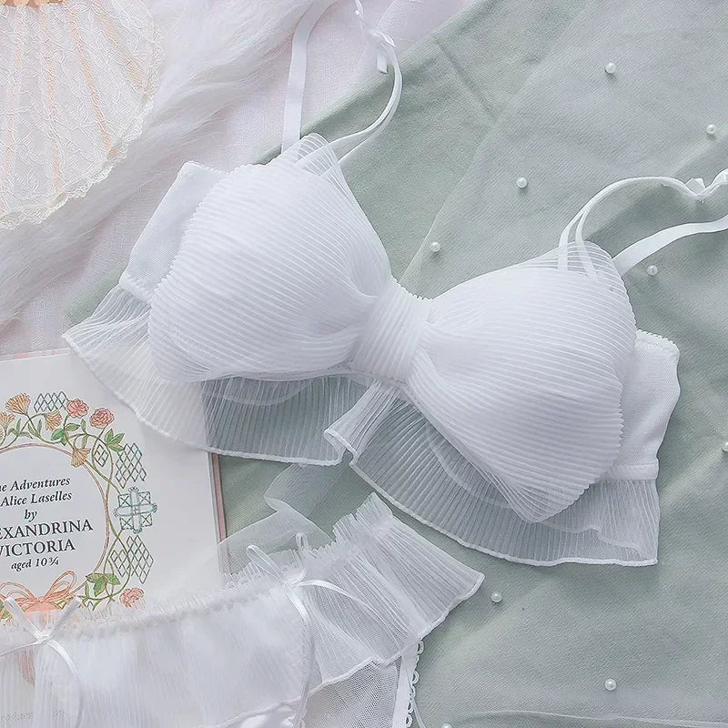 Lace Bow Underwear Sweet Wireless Lingerie Comfortable Bralette Push Up Bra Set