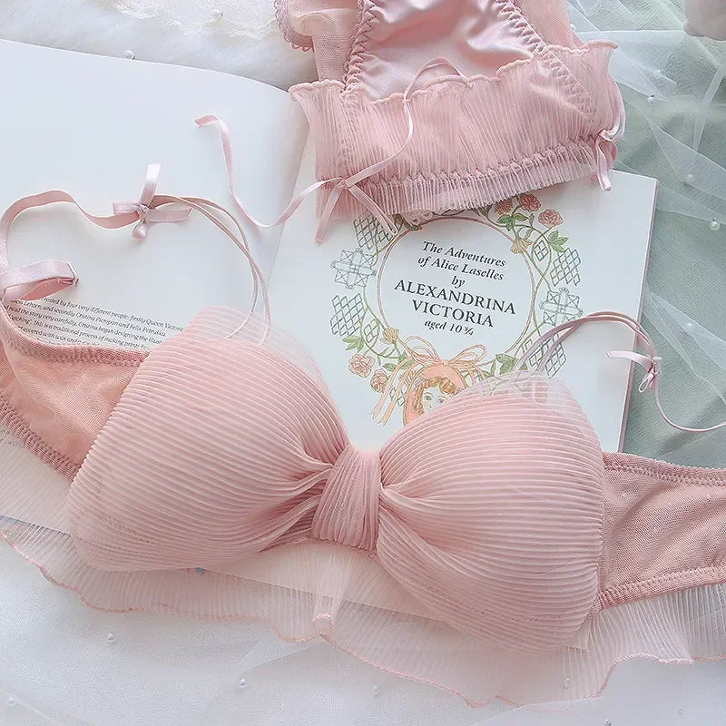 Lace Bow Underwear Sweet Wireless Lingerie Comfortable Bralette Push Up Bra Set