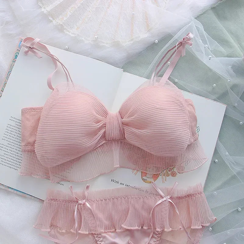 Lace Bow Underwear Sweet Wireless Lingerie Comfortable Bralette Push Up Bra Set
