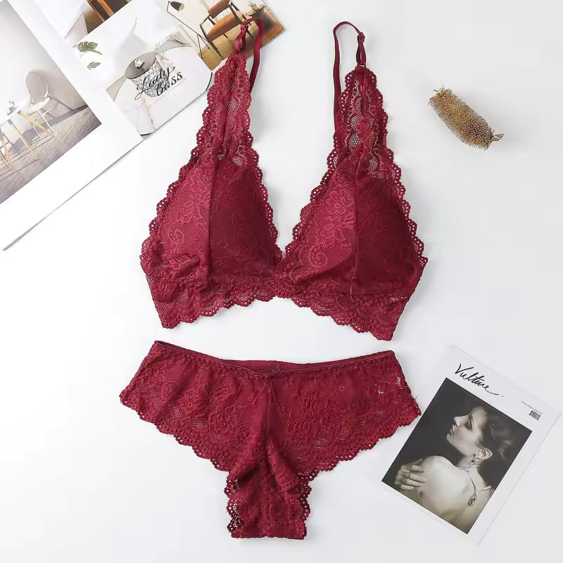 Lace Deep V Bra Backless Bralette Underwear With Removable Pads Embroidery Lingerie Set