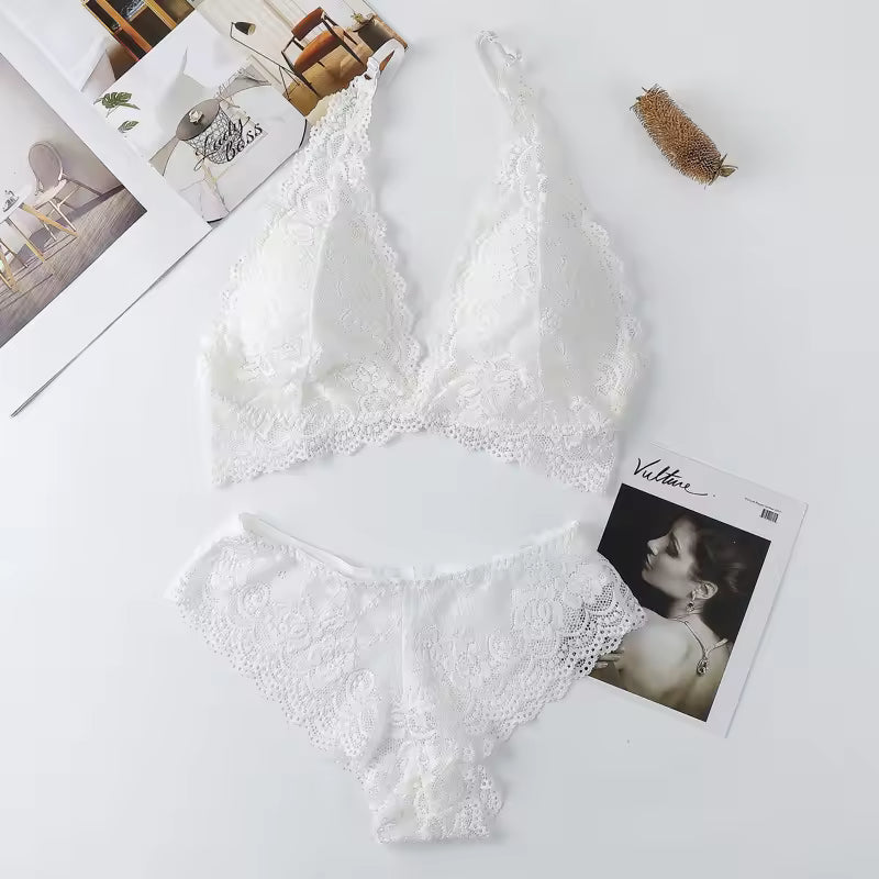 Lace Deep V Bra Backless Bralette Underwear With Removable Pads Embroidery Lingerie Set