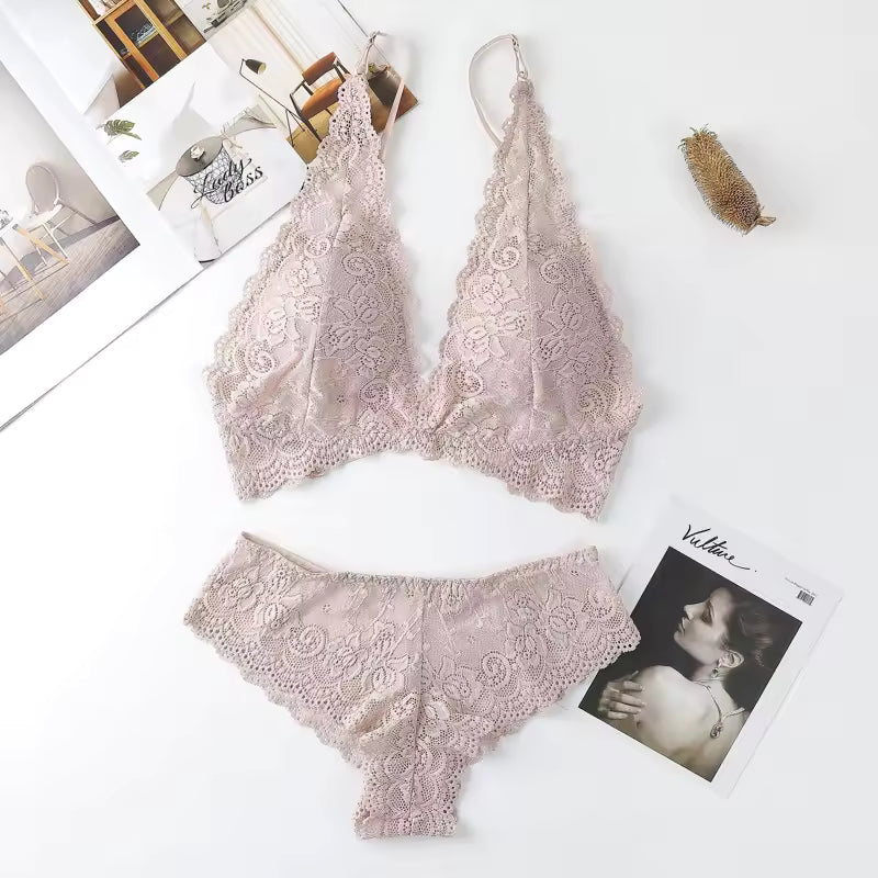 Lace Deep V Bra Backless Bralette Underwear With Removable Pads Embroidery Lingerie Set