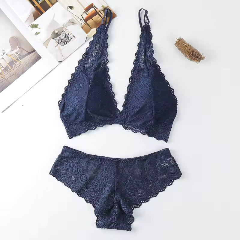 Lace Deep V Bra Backless Bralette Underwear With Removable Pads Embroidery Lingerie Set