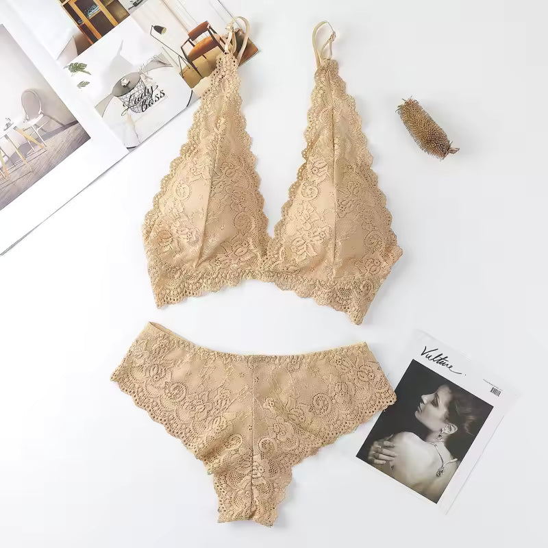Lace Deep V Bra Backless Bralette Underwear With Removable Pads Embroidery Lingerie Set