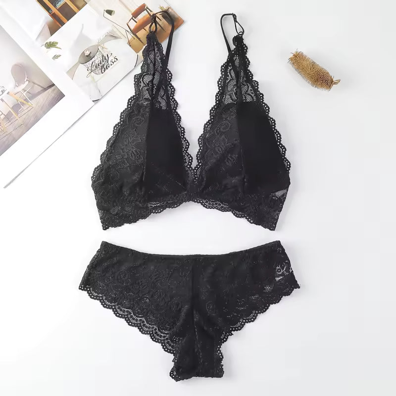 Lace Deep V Bra Backless Bralette Underwear With Removable Pads Embroidery Lingerie Set