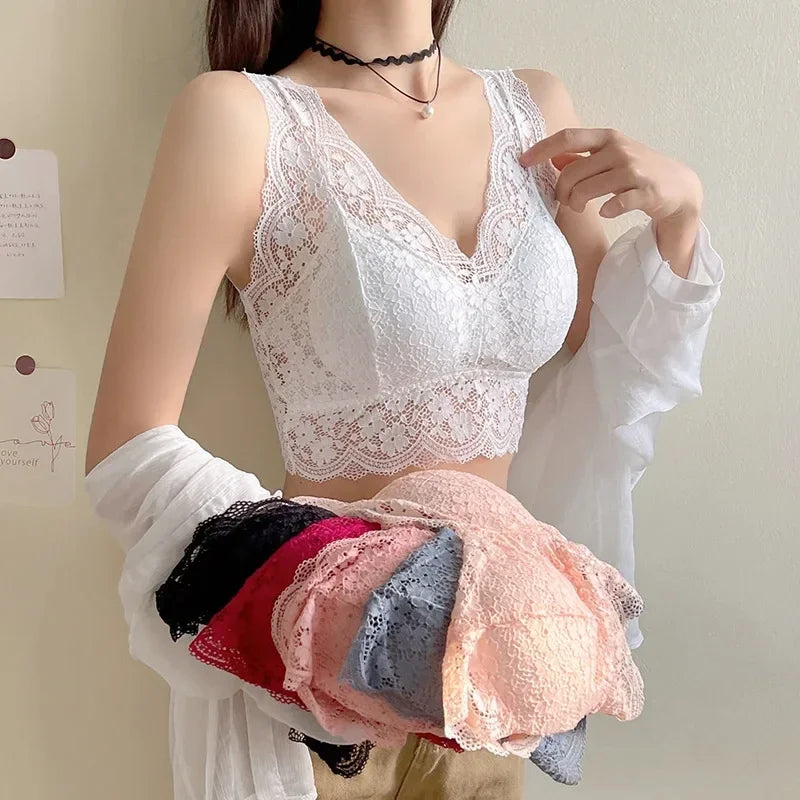 Lace Deep V Neck Lingerie Wire Free Bra Bralette Padded Camisole Tank Tops