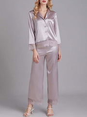 Lace Embellished Long Sleeves Sleepwear Pajamas 2 Piece