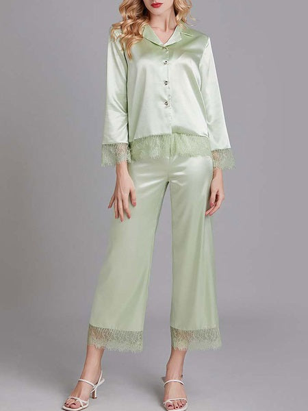 Lace Embellished Long Sleeves Sleepwear Pajamas 2 Piece