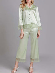 Lace Embellished Long Sleeves Sleepwear Pajamas 2 Piece