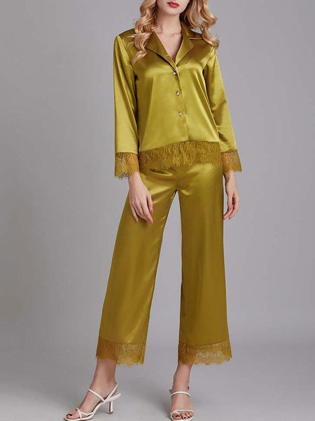 Lace Embellished Long Sleeves Sleepwear Pajamas 2 Piece